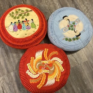 3 Embroidered Pillow -Case Silk Round -Dancing Girls- Birds - Picture 1 of 5
