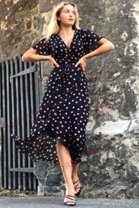Wallis Black & Pink Spot Wrap Lined Midi Dress with Belt - Picture 1 of 9