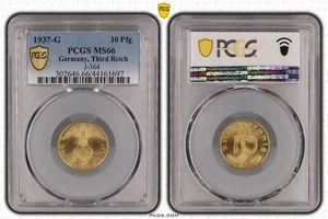 *None Higher* PCGS MS66 1937-G 10 Pfennig Pfg Germany, Third Reich J-364 WW2 697 - Picture 1 of 4