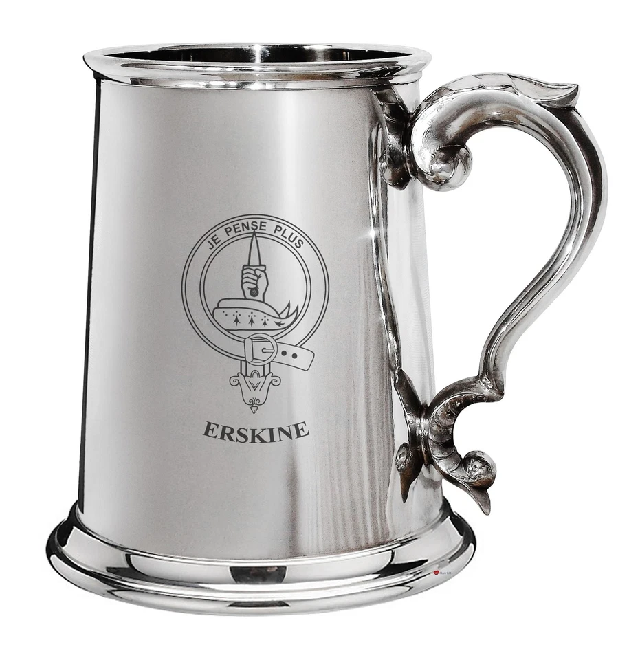 Erskine Family Crest Polished Pewter 1 Pint Tankard with Scroll handle - Image 1 of 1