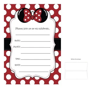 Minnie Red Bow Polka Dot -Invitation Cards w/Envelopes Qty 12-USA Made Fast Ship - Picture 1 of 1