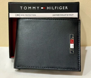 TOMMY HILFIGER BLACK LEATHER & VALET BILLFOLD WALLET W/ RFID PROTECTION $50 - Picture 1 of 6