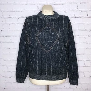 Vintage 80s Black Sweater with Leather Trim Industrial Unisex Santana Size M - Picture 1 of 8