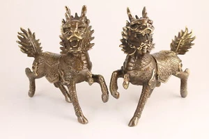 Pair Chinese brass handmade kirin statue collectable tea pet table decor Fortune - Picture 1 of 12