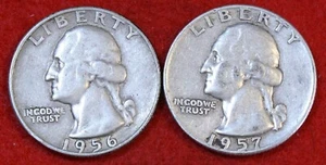 1956 e 1957-D's Washington Quarters Dollar 90% moneta argento circolata WQ361 - Foto 1 di 2