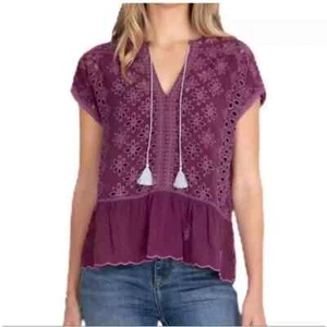 JOHNNY WAS Women's Purple Leith Bohemian Tasssel Eyelet Blouse Top Sz Small $260 - Picture 1 of 3