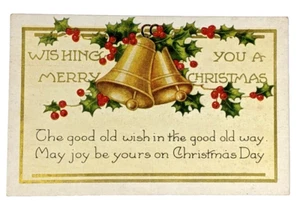 Antique Christmas Postcard 1910s Gold Bells Holly Berries Unposted Whitney - Picture 1 of 8