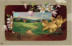 Beautiful EAS Gel Scenic Chicks Easter Vintage Postcard - Picture 1 of 2