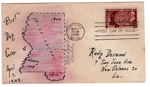 Verna Mann Hand Painted - #955 FDC Mississippi Territory Natchez MS 1948 - Picture 1 of 2