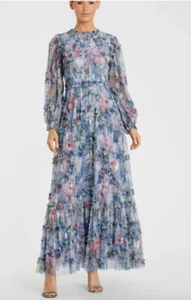 MAC DUGGAL 8098 LONG SLEEVE HIGH NECK RUFFLE DETAIL FLORAL PLATINUM GOWN 18 - Picture 1 of 4