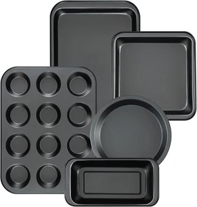Baking Pans Nonstick Set, 5-Piece Bakeware Sets with Round/Square Cake Pan, Muff - Picture 1 of 12