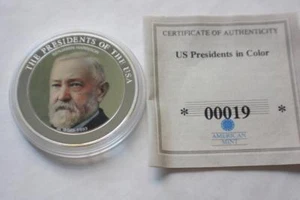 U.S. PRESIDENT BENJAMIN HARRISON COLORIZED COMMEMORATIVE PROOF COIN COA - Picture 1 of 6