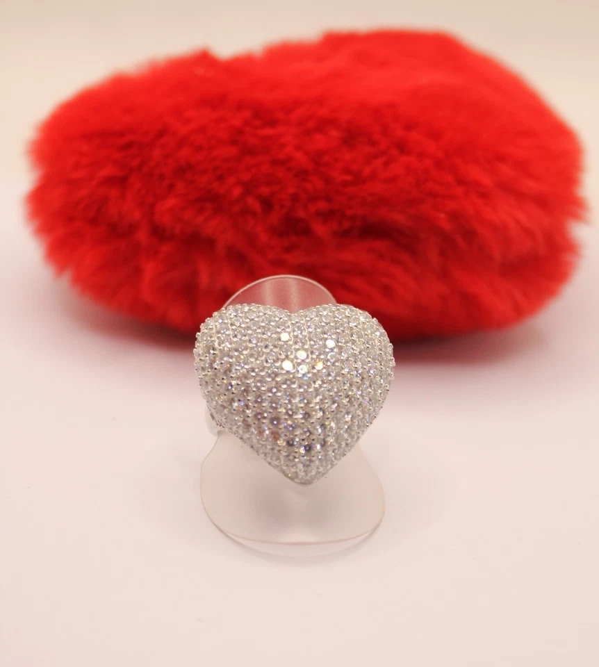 Anello Argento Cuore Pave' di Zirconi Bianchi mm 27x26 Mis. 17 Regolabile Exploi - Immagine 1 di 4