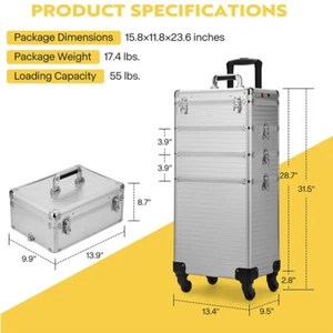 Rolling Makeup Train Case Travel Cosmetic Trolley Organizer & LIght LED & Mirror - Picture 1 of 17