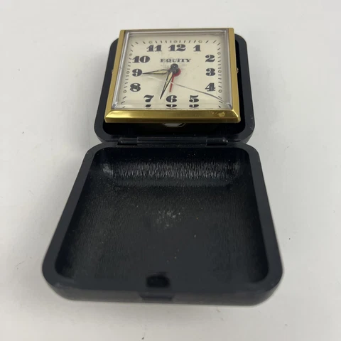 Vintage Equity Pocket 100-03  travel Watch in Black Case Cracked Glass Untested Cover