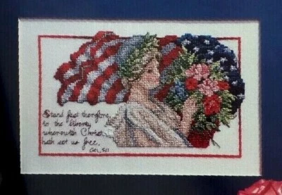 Cross Stitch Pattern LADY LIBERTY Flag Roses Bible Galations 5:1 Donna V Giampa - Image 1 of 4