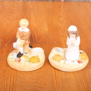 2 Pilgrims Boy & Girl Candle Holders Porcelain Stick - Picture 1 of 8