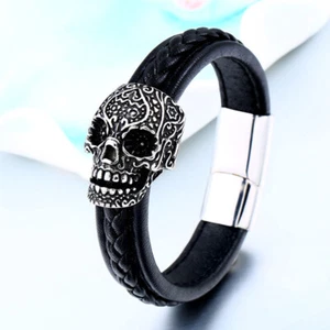Bracelet homme Zhubobo tête de crâne sculptée en acier inoxydable bracelet en cuir véritable lien - Photo 1/5