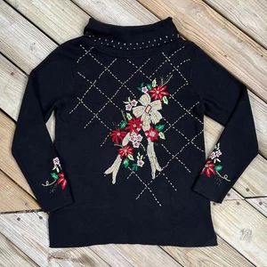 Kikit Women's Vintage Black Embroidered Holiday Sweater Size M - Picture 1 of 6