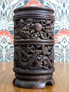 Antiker chinesischer Qing geschnitzter durchbrochener Hartholz Drache & Perle Pinseltopf Bitong - Bild 1 von 12