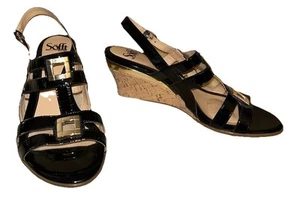 Sofft Shoes 9 M Black Patent Leather Cork Wedge Heel Sandals Goldtone Buckles 9M - Picture 1 of 13