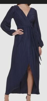 Vestido maxi feminino GUESS tecido plissado envoltório falso gola V, azul marinho, tamanho 6 - Imagem 1 de 4