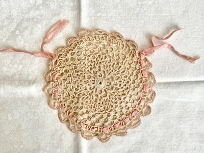Antique Vintage Hand Crocheted Bridal Handbag Purse Vanity Bag Pink Ribbon - Image 1 of 4