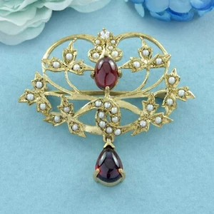 9K Yellow Gold Natural Garnet Cabochon Pearl and  Diamond Leaf and Floral Brooch - Picture 1 of 6