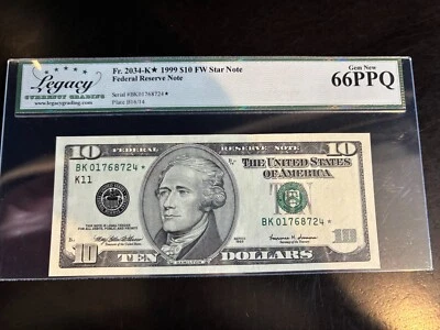 DBR 1999 $10 FRN Dallas STAR Gem Fr. 2034-K* Legacy 66 PPQ Serial BK01768724* - Image 1 of 2