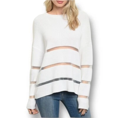 Forever 21 M White Knit Sweater Sheer Cutout Striped Pullover Y2K Retro Style - Image 1 of 4