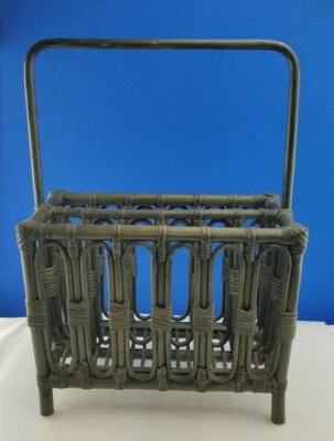 Scarce Green Stained Bamboo Rattan Wicker Magazine Book Rack iPad Laptop Storage - Image 1 of 3