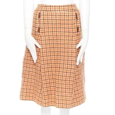 vintage CELINE 1980 orange check wool pleat skirt leather horsebit cuff FR44 XXL - Image 1 of 4