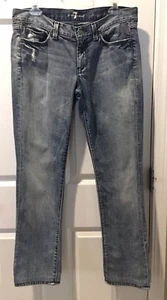 7 FOR ALL MANKIND STRAIGHT LEG BLUE JEANS SIZE 29 (34 X 30.25)-Destroyed Altered - Picture 1 of 12