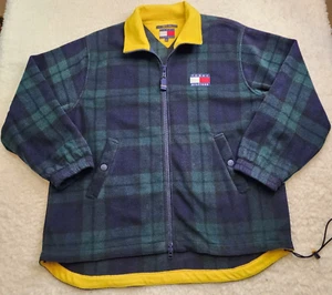 Tommy Hilfiger Full Zip Fleece Jacket Men XL Green Blue Yellow Plaid Pockets - Picture 1 of 13