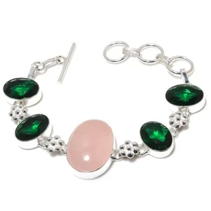 Rose Quartz Gemstone Handmade 925 Sterling Silver Jewelry Bracelet Size 7-8" - Picture 1 of 1