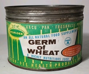 Lata de germen de trigo Sturdee de colección de los años 50 comida saludable Brooklyn Nueva York lata NY - Imagen 1 de 15
