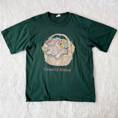 Camiseta De Colección Unisex Verde Gatito Country Cat XL 90s Y2K Cottagecore Boho Rústica Foto 1 de 4