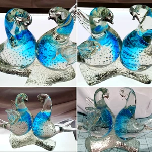 VTG. MCM MURANO STYLE GLASS BLUE/CLEAR  LOVE BIRDS ON A BRANCH RARE SEE PICS - Picture 1 of 24