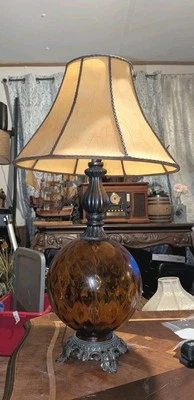 Vintage 1970 EF EF INDUSTRIES Textured Amber Glass & Brass Nightlight Table Lamp - Image 1 of 3