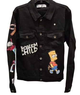 The Simpsons Bart Problem Child Jeans Black Denim Jacket Men's MEDIUM Retro 90's - Image 1 of 4