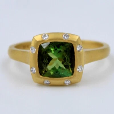 Natural 1.54 Ct Green Chrome Tourmaline & Diamond Ring 18K Brushed Gold Size 7 - Image 1 of 4