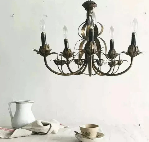 vintage gilt chandelier,FERROCOLOR,Spain,mid century modern,mcm,tole,toleware Cover
