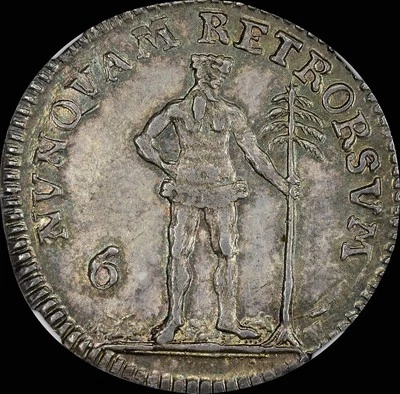 FINEST & ONLY AT PCGS & NGC MS62 1746 GERMAN WILD MAN WOLF GOLD TONED 6 GROSCH - Image 1 of 4