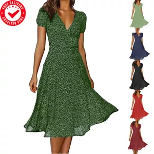 Damen Sexy Floral Bedrucktes Kleid Polyester V-Ausschnitt Kurzärmliges Kleid - Bild 1 von 18