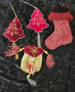 4 Christmas Ornaments Soft Velvet Burgandy Beads Tassels Tree Boot Pouch - Picture 1 of 5