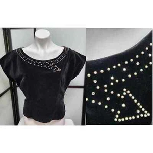 Vintage 50s Blk Velvet Pearl Rhinestone Arrow Design Evening Top Debut Blouse M - Picture 1 of 10