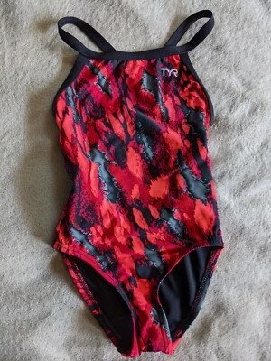TYR Diamondfit One Piece Swimsuit Girls Youth 22 Red Grey Gray Black Swim Suit - Image 1 of 4