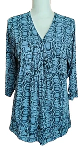 Liz Claiborne 1X Blusa blu e nera stampa pelle di serpente manica lunga scollo a V - Foto 1 di 5
