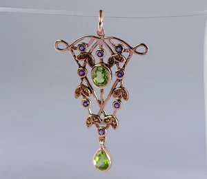 GENUINE 9k 9ct Rose Gold NATURAL Amethyst & Peridot Pendant Vintage style - Picture 1 of 9