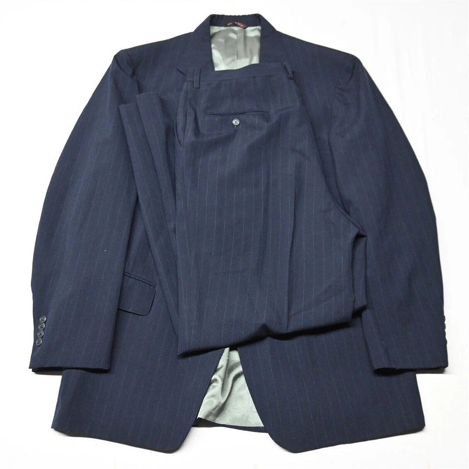Vtg Cricketeer 44L 34x30 Navy Blue Stripe USA Made Mens Jacket Pants Suit - Image 1 of 4
